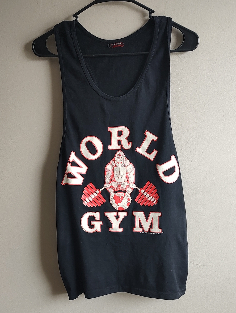 Vintage WORLD GYM Muscle Workout Black Tank Top Men's Size Medium VG Condition